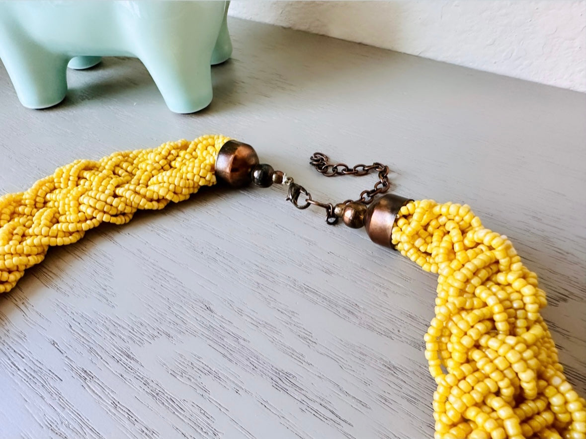 Bright Yellow Vintage Seed Bead Necklace, Yellow Statement Necklace, Braided Bead Necklace, Beaded Bib Necklace, Sunny Yellow Braid Necklace