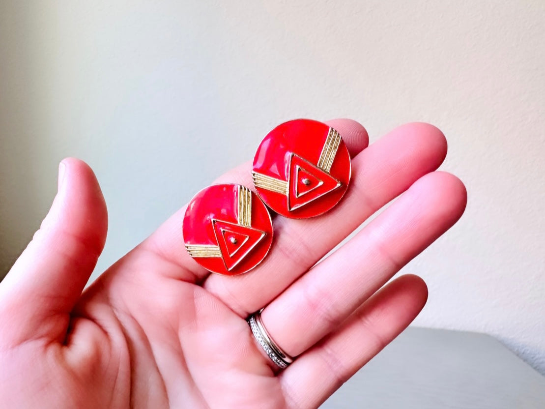 Red and Gold Retro Earrings, 1980s Vintage Earrings, Geometric Red Enamel Clip On Earrings, Funky Fun 80s Round Earrings