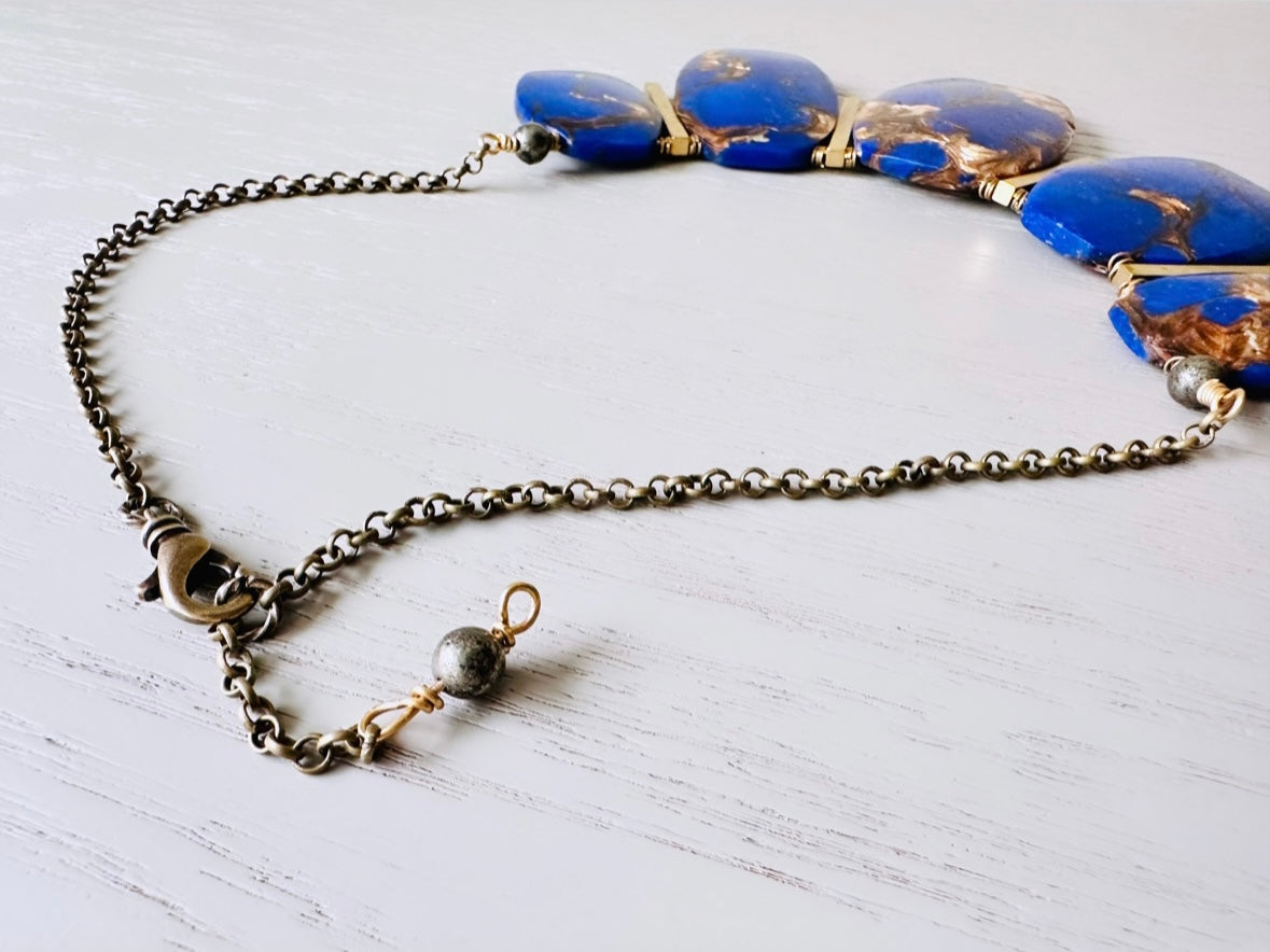 Lapis Lazuli Necklace, Handmade Wire Wrapped Gemstone + Raw Brass Necklace, Oversized Statement Choker, Blue Gemstone and Pyrite Necklace