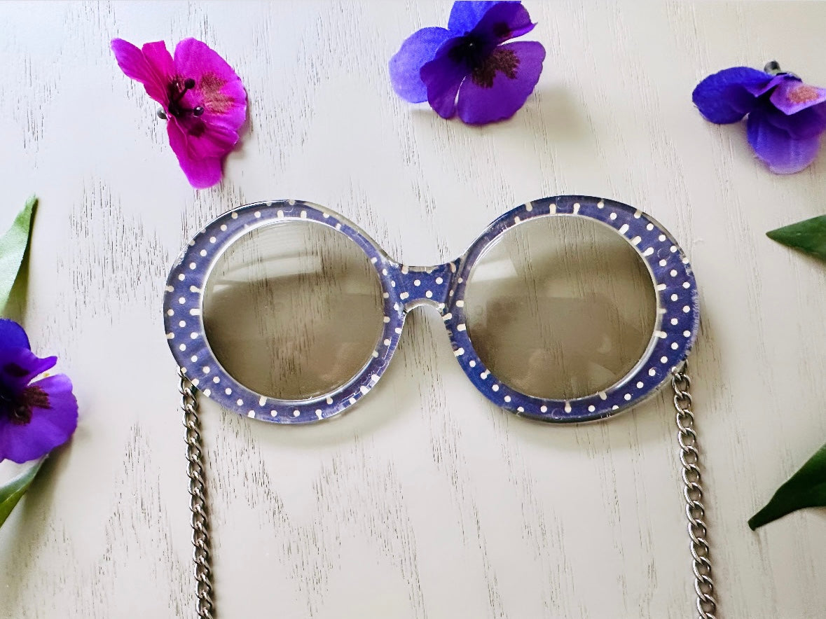 Vintage 70s Je-Dol Sunglasses, Amazing Purple Polkadot Swinging 60s Mod Chain Sunglasses, Authentic 1970's JeDol Deadstock Vintage Sunglasses available at Piggle and Pop.