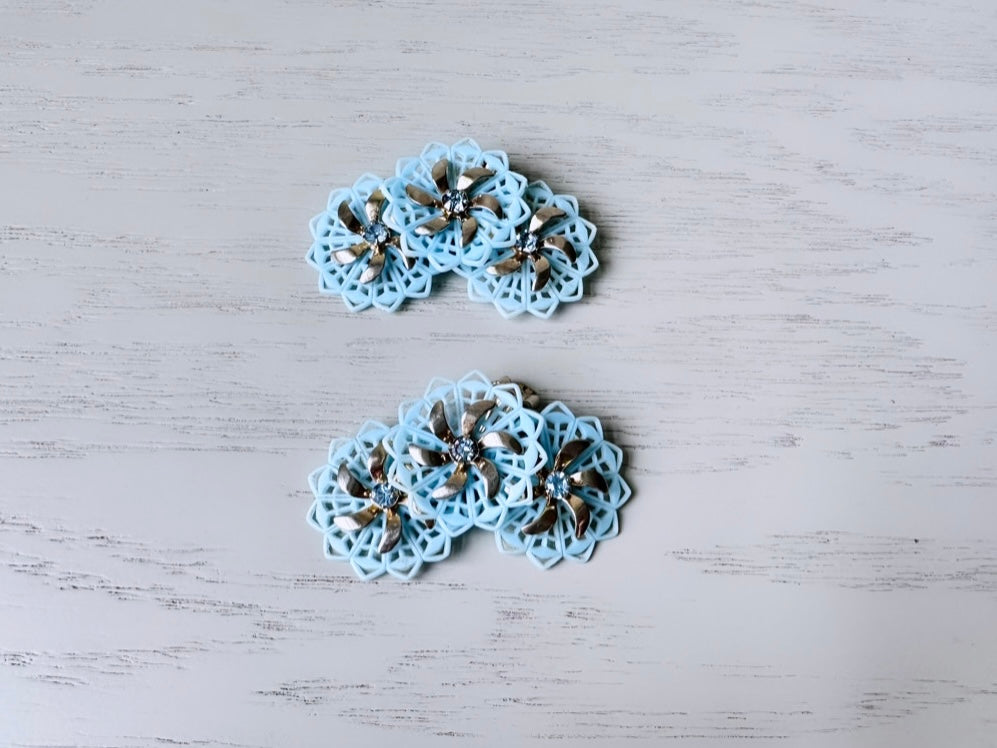 Vintage Blue Celluloid Climber Earrings, Light Blue Plastic Flower Earring with Rhinestone Accents, Dramatic Floral Vintage Clip On Earrings