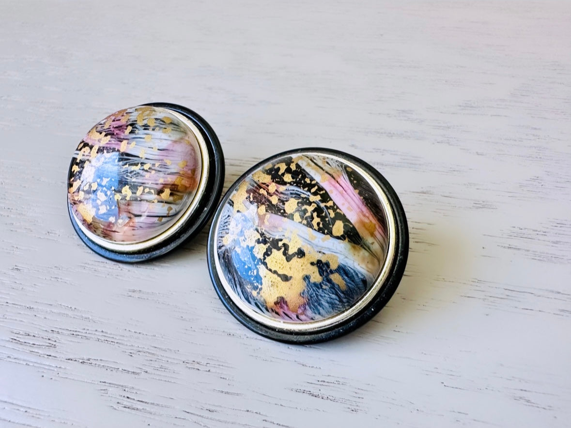 1980's Paint Splatter Earrings, Retro Cool Vintage Earrings, Unique Black Colorful Metallic Clip-On Statement Earrings