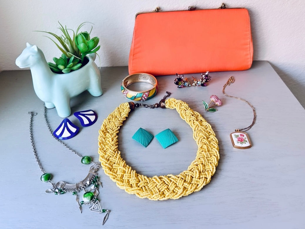 Bright Yellow Vintage Seed Bead Necklace, Yellow Statement Necklace, Braided Bead Necklace, Beaded Bib Necklace, Sunny Yellow Braid Necklace