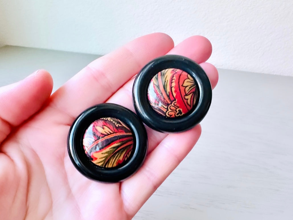 1980s Vintage Earrings, Black Border with Red Orange Interior, Oversized Acrylic Pierced Earrings, Fun 80s Pop Vintage Earrings