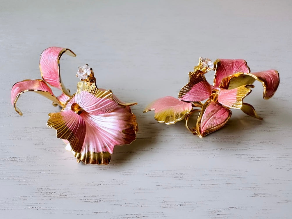 Pink Orchid Earrings, 1982 Cerritos Pearlized Pink Enamel Gold Flower Earrings, Whimsical Feminine Floral Earrings, Faerie Fantasy Clip Ons