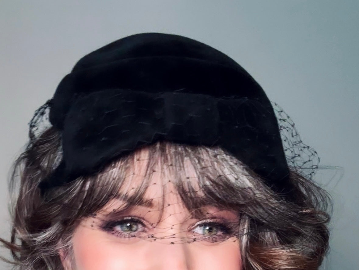 Vintage Veiled Black Velour Hat, Women's Vintage 1940s Hat, Made in France, Black Netted Veil Hat,