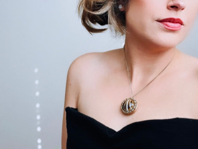 Rare Banded Agate Sphere Locket Necklace, Locket Ball Pendant Necklace, Vintage Gemstone Round Locket, Unique Vintage Ball Locket