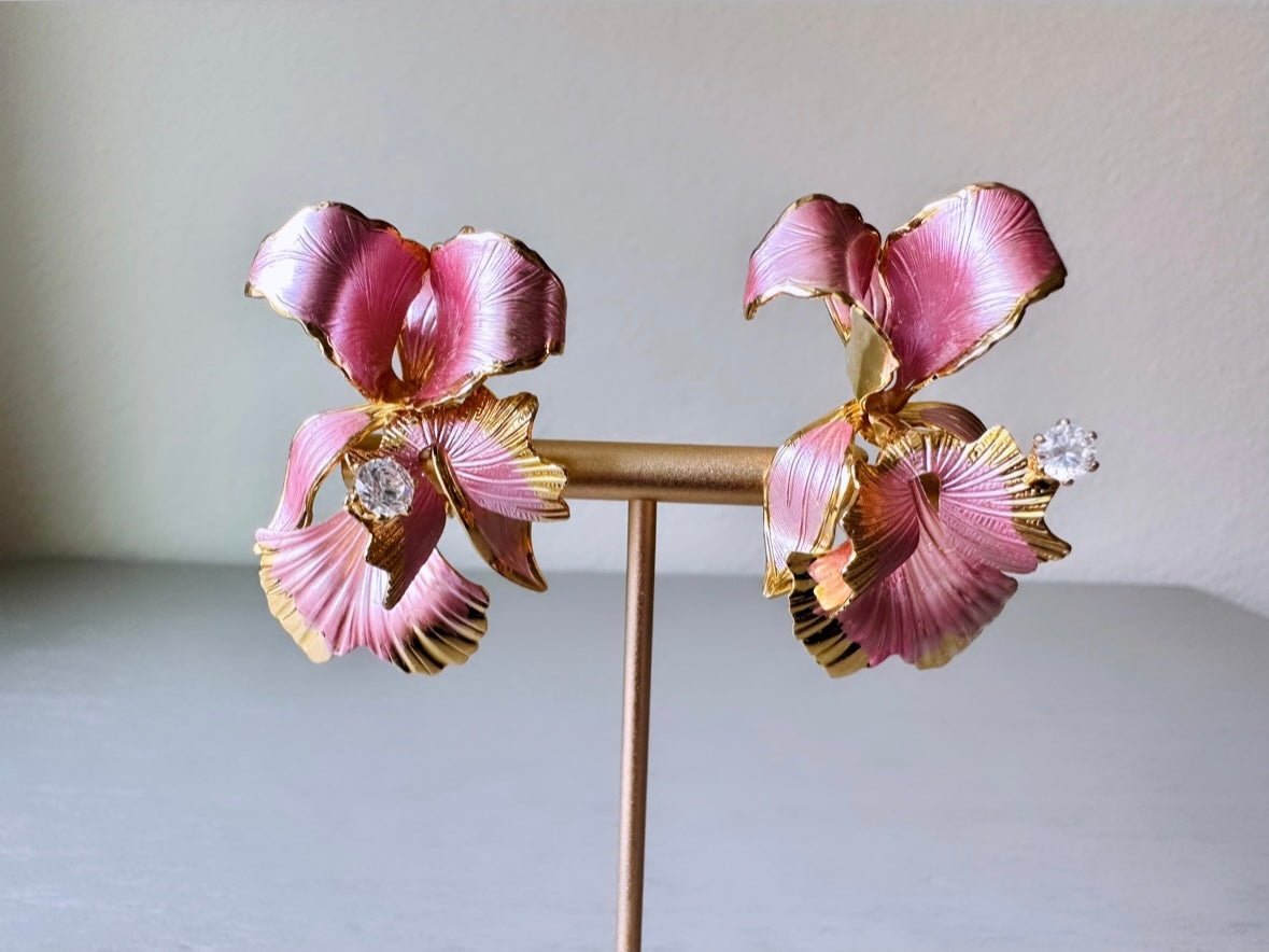 Pink Orchid Earrings, 1982 Cerritos Pearlized Pink Enamel Gold Flower Earrings, Whimsical Feminine Floral Earrings, Faerie Fantasy Clip Ons