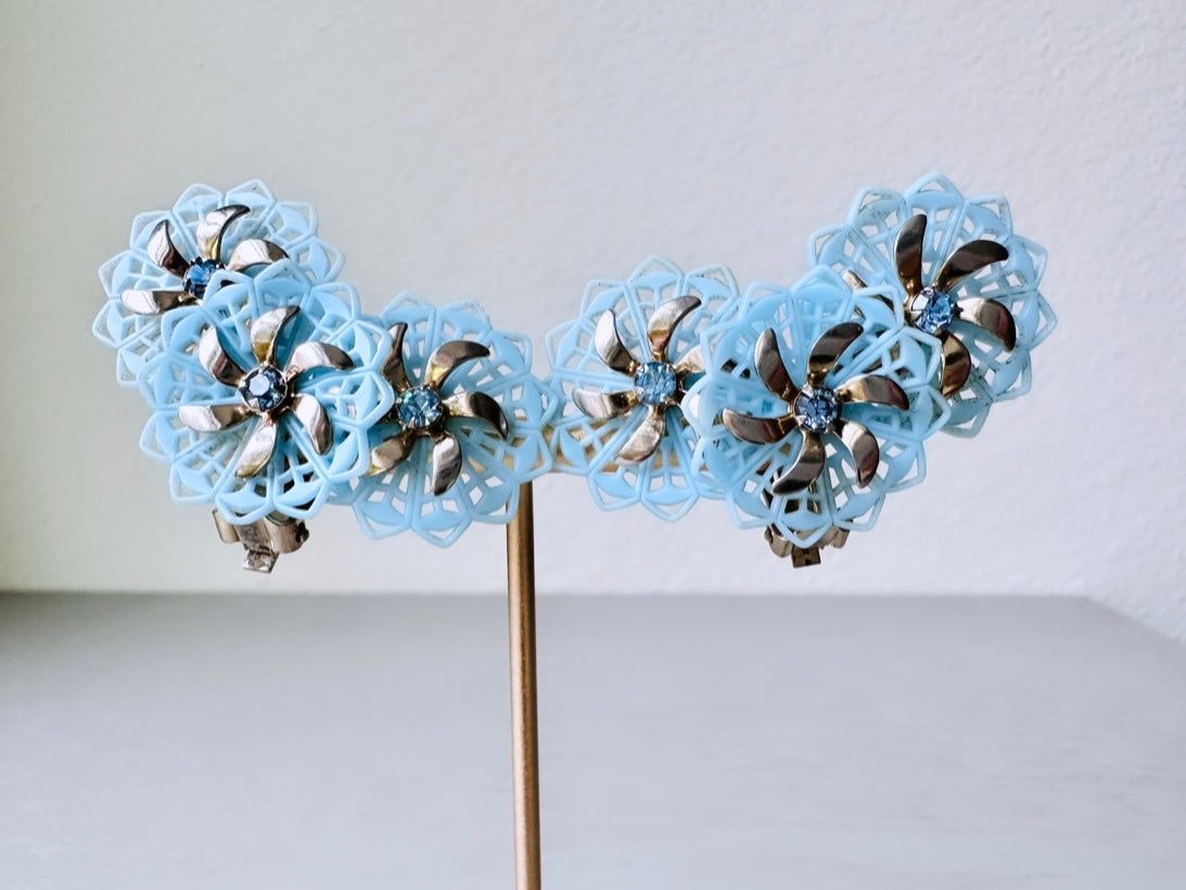 Vintage Blue Celluloid Climber Earrings, Light Blue Plastic Flower Earring with Rhinestone Accents, Dramatic Floral Vintage Clip On Earrings