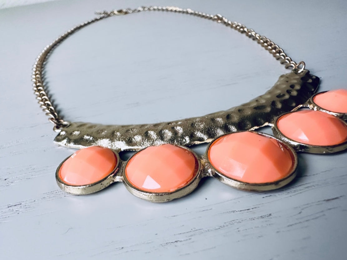 Peach and Gold Geometric Bib Necklace, Hollow Gold Cut Out Necklace with Peachy Faceted Gem, Metallic Geometric Vintage Necklace
