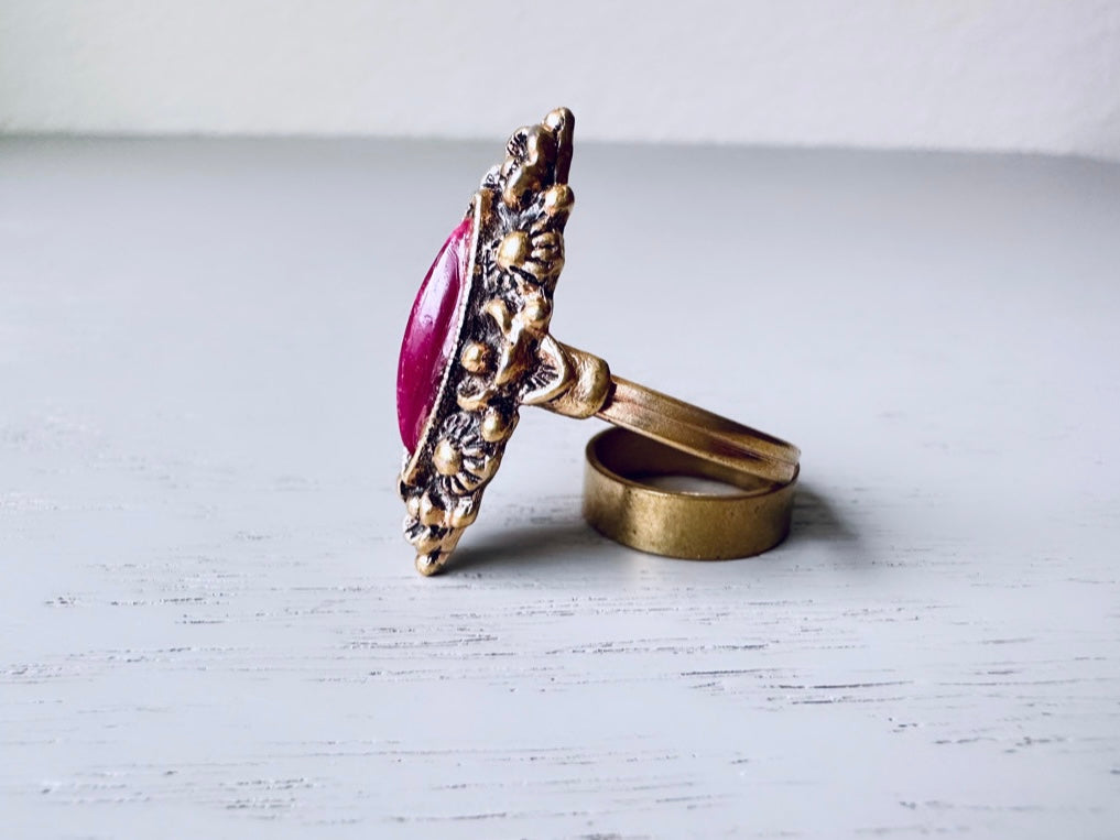 Vintage Magenta Sarah Coventry Ring, Ornate Gold Ring with Deep Pink Marquis Stone Cabochon Ring, Interesting Vintage Adjustable Ring