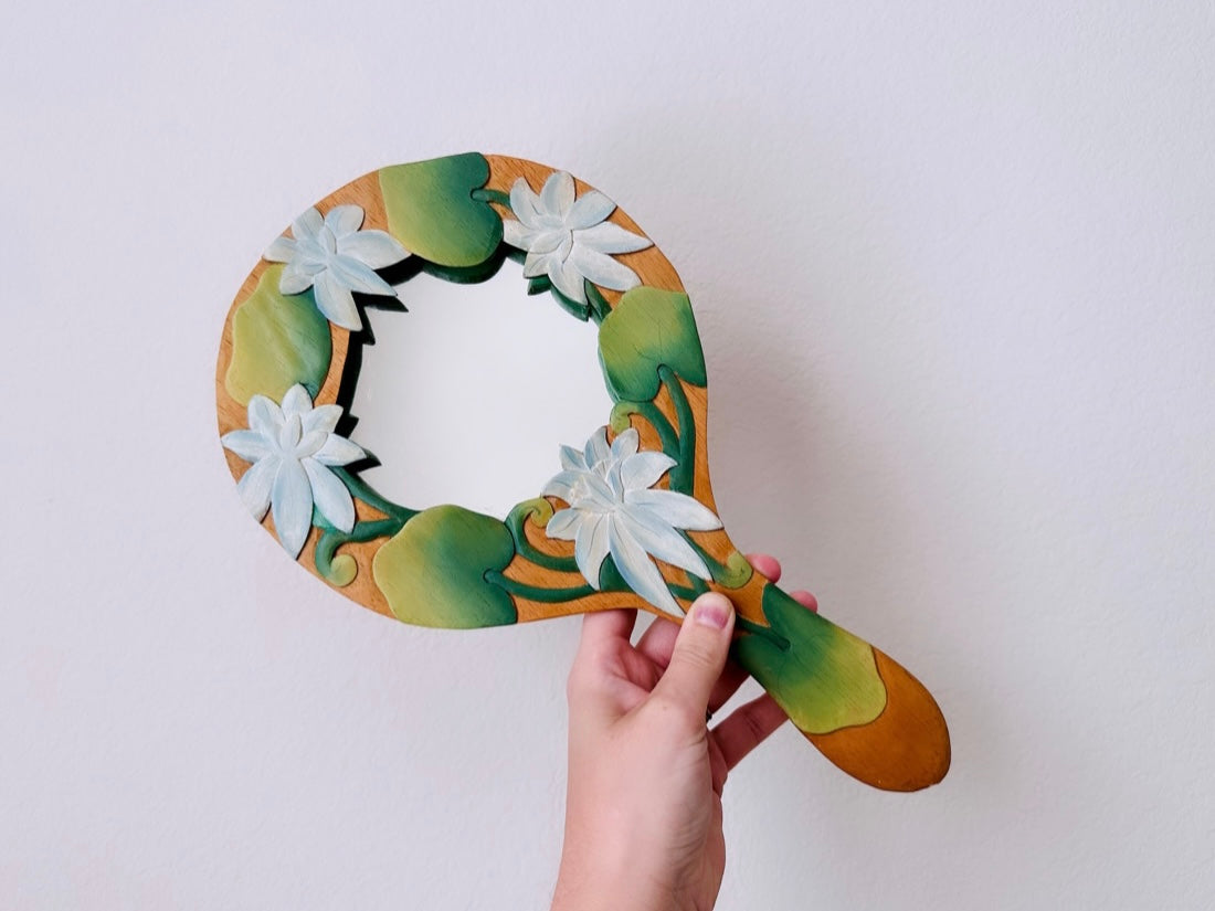 Vintage Hand Carved Floral Painted Ornate Wood Carved, Whimsical Vanity Lady's Hand Held Mirror, White Lily Flower Green Leaf Mirror