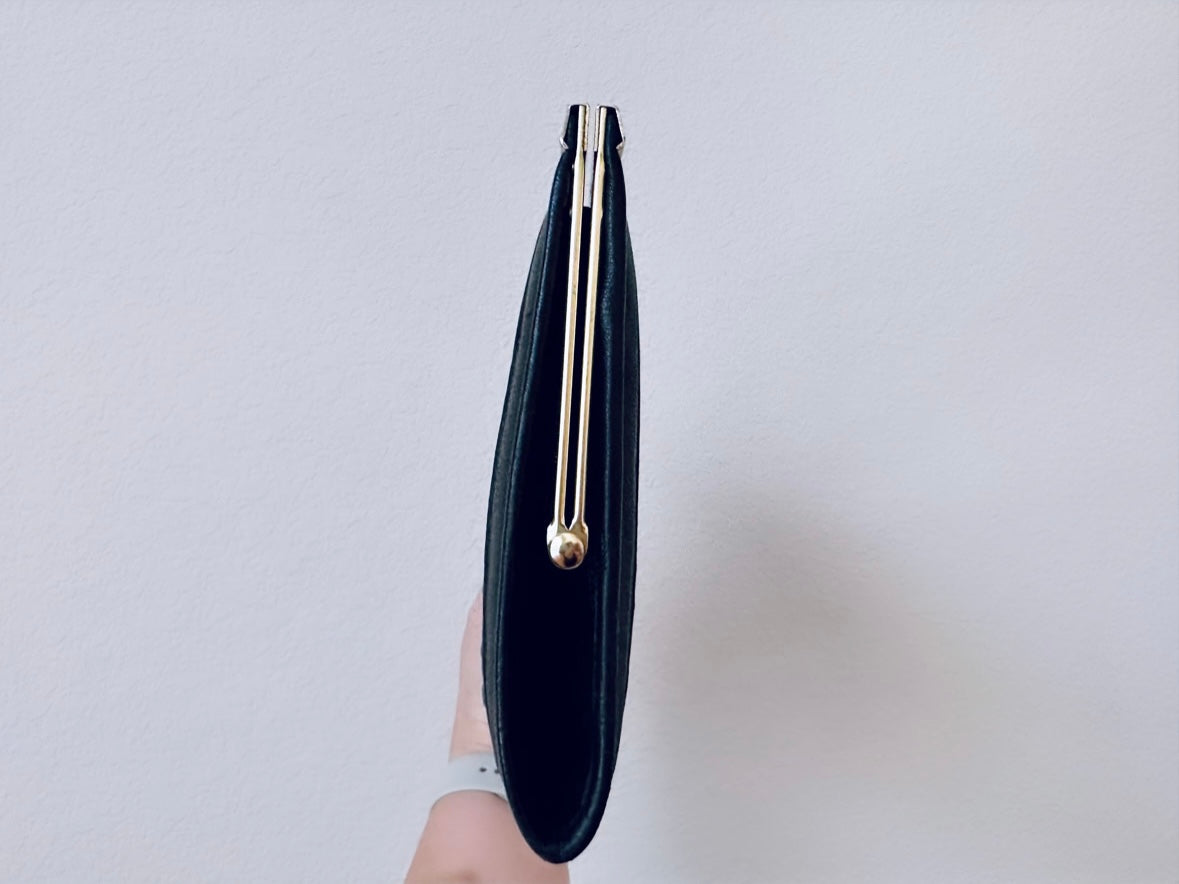 Vintage Black Clutch Handbag, Black Ruched Faux Leather Purse, Retro Mid Century Mod Bag, Black and Gold Chic Evening Purse