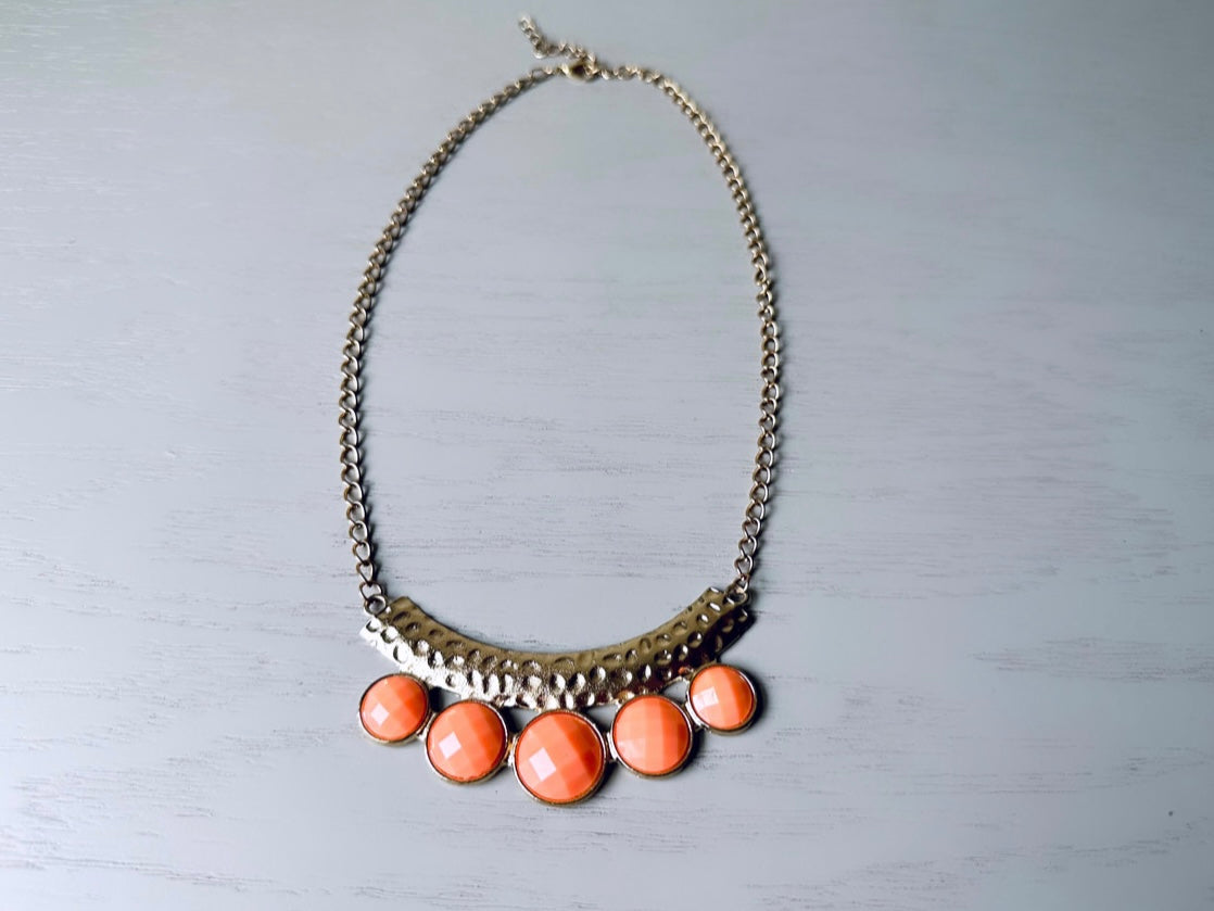 Peach and Gold Geometric Bib Necklace, Hollow Gold Cut Out Necklace with Peachy Faceted Gem, Metallic Geometric Vintage Necklace