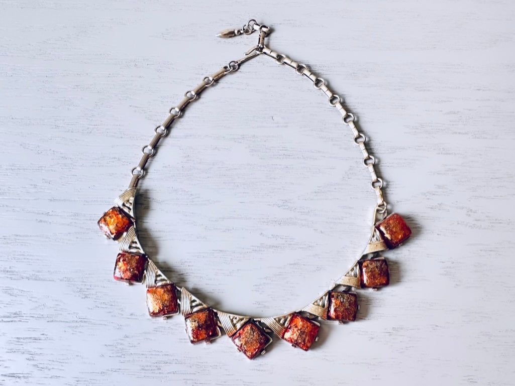 Vintage Coro Confetti Lucite Necklace, Vibrant Brick Red and Gold Tone Necklace, 1960s Retro Choker Necklace, Short Moonglow Necklace