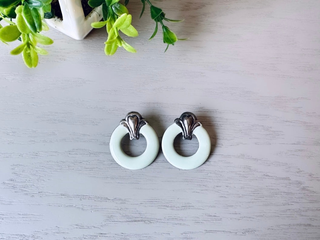 Mint and Silver Vintage 1970's Earrings, Circle Hoop Post Earrings Geometric Opaque Enamel Earrings, Interesting Cool Pierced Post Earrings