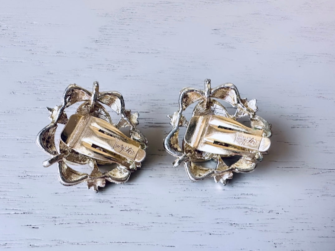 Vintage 1960s Peach and Gold Enamel Clip On Earrings with Peachy Pink Moonglow Bead Center, MCM 60's Clip Earrings Designer Signed Judy Lee