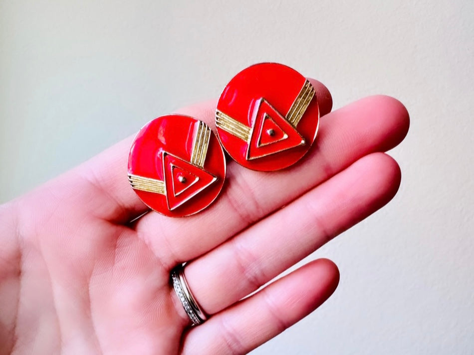 Red and Gold Retro Earrings, 1980s Vintage Earrings, Geometric Red Enamel Clip On Earrings, Funky Fun 80s Round Earrings