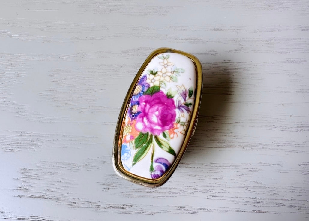 Vintage Lipstick Mirror, Vintage 1950s Japanese Cosmetic Case, Porcelain Floral Pink Roses Mirror, Vtg 50s Flower Makeup Mirror