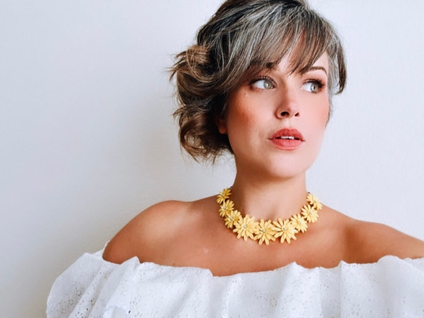 Yellow Flower Choker Necklace, Vintage Soft Flower Necklace, 1950s Retro Choker, Cute Short Floral Necklace