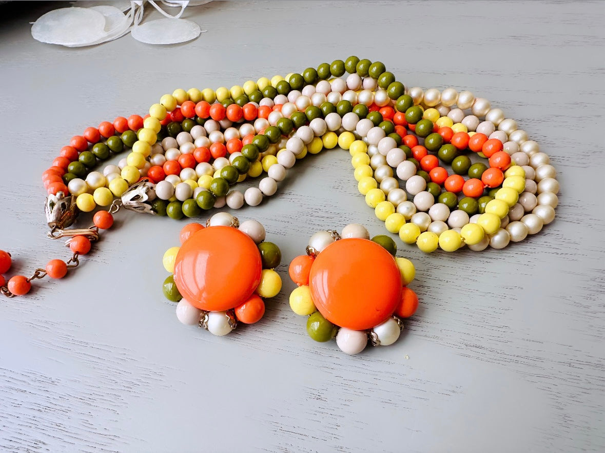 1970s Vintage Necklace & Earring Set, Sunny Yellow, Orange, Avocado Green Retro 70s Five Strand Beaded Necklace with Matching Big Earrings, Authentic Vintage at Piggle and Pop