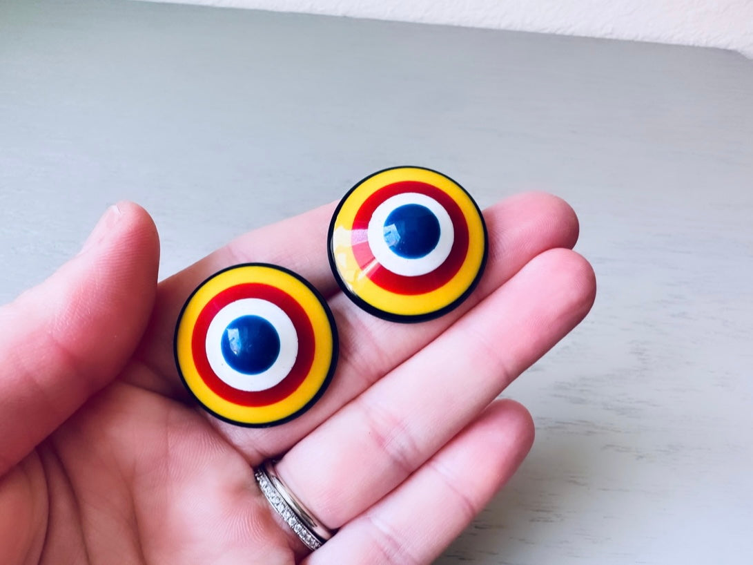 Colorful Vintage 1960s Bullseye Earrings, Yellow, Blue, Red, White, Black Oversized Acrylic Pierced Earrings, Fun 60s Pop Vintage Earrings