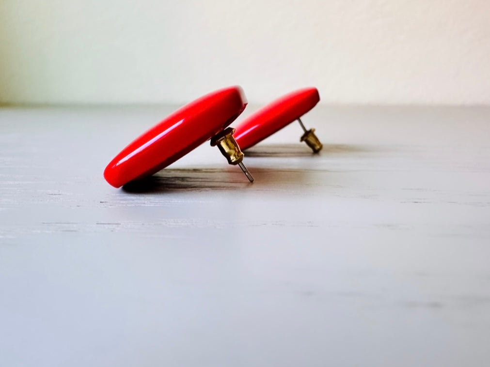 Bright Red Vintage 1980's Stud Earrings, Square Geometric Opaque Enamel Earrings, Vintage Fire Engine Red Pierced Post Earrings