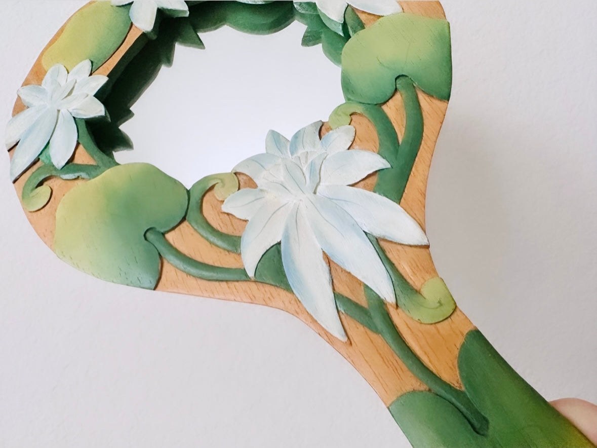 Vintage Hand Carved Floral Painted Ornate Wood Carved, Whimsical Vanity Lady's Hand Held Mirror, White Lily Flower Green Leaf Mirror