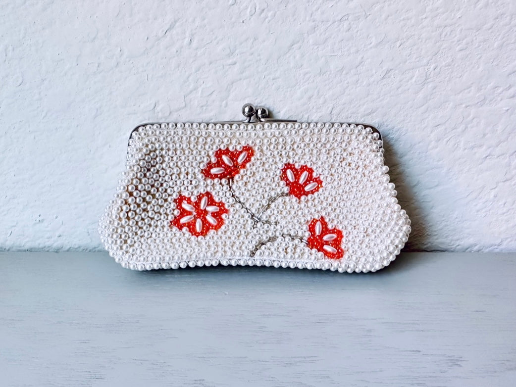 Beaded 1950's Small Vintage Coin Purse Wallet, Cream Pearls Orange Red Seed Beads, Floral Double Sided Small Purse Pouch, Small Bridal Clutch