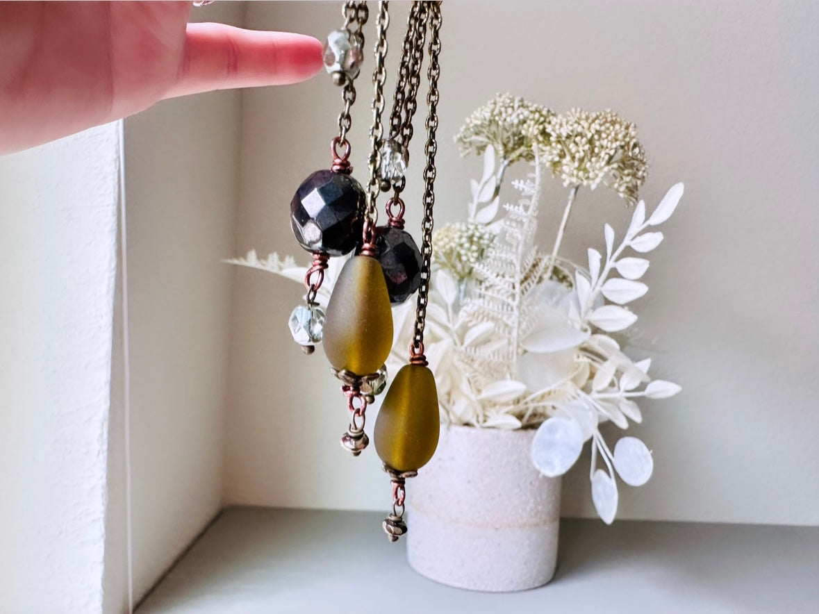 Handmade Drop Earrings with Olive Green Seaglass Teardrops, Pyrite Nuggets, Hematite & Mint Firepolished Crystals, Long Bronze Chain Dangles