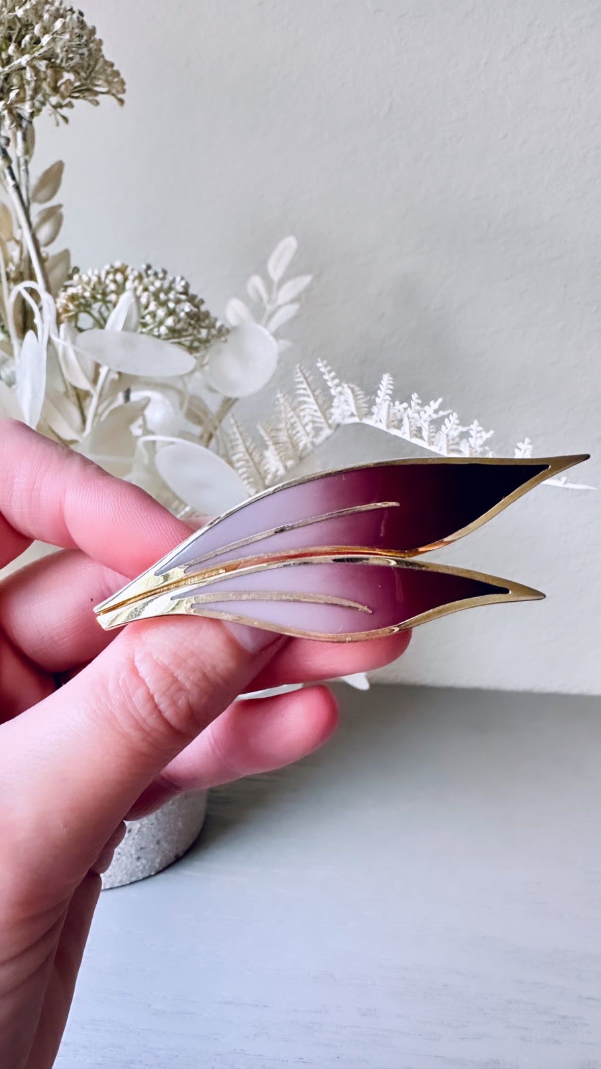 Plum Leaf Brooch, Vintage Fall Accessories, Boho Autumn Brooch, Deep Purple Cream and Antique Gold Pin, Rustic Woodland Accessories