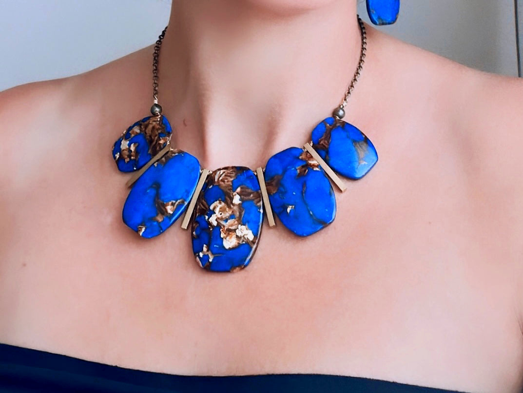 Lapis Lazuli Necklace, Handmade Wire Wrapped Gemstone + Raw Brass Necklace, Oversized Statement Choker, Blue Gemstone and Pyrite Necklace