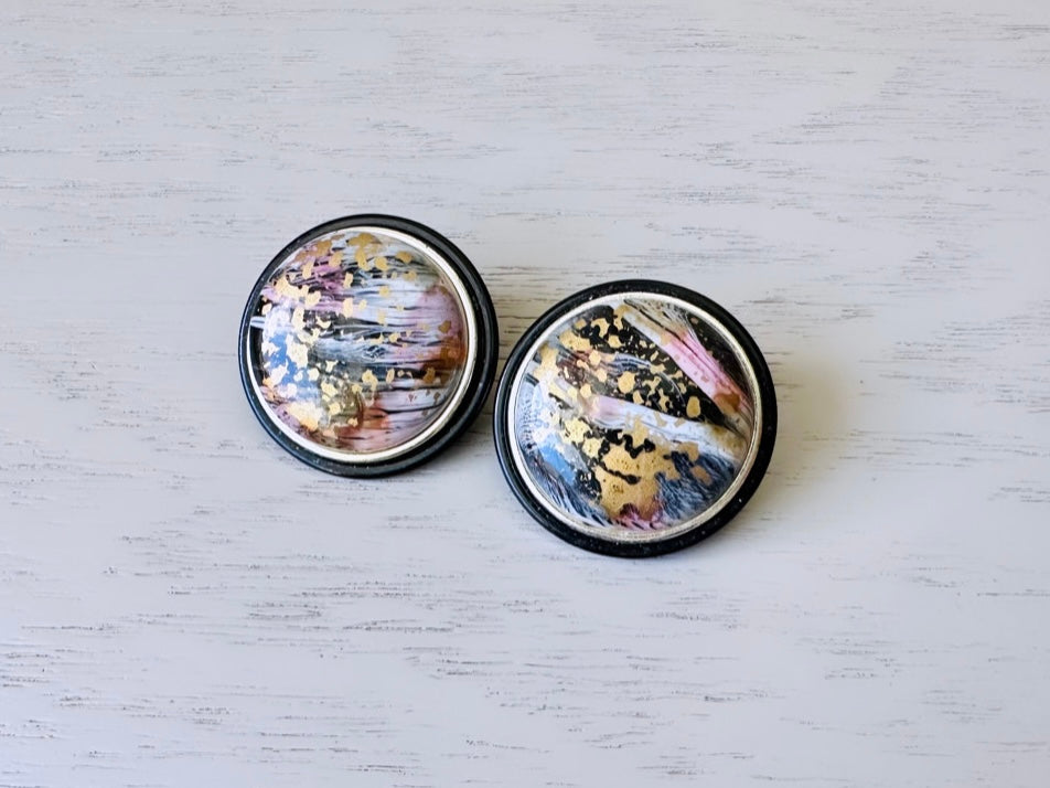 1980's Paint Splatter Earrings, Retro Cool Vintage Earrings, Unique Black Colorful Metallic Clip-On Statement Earrings