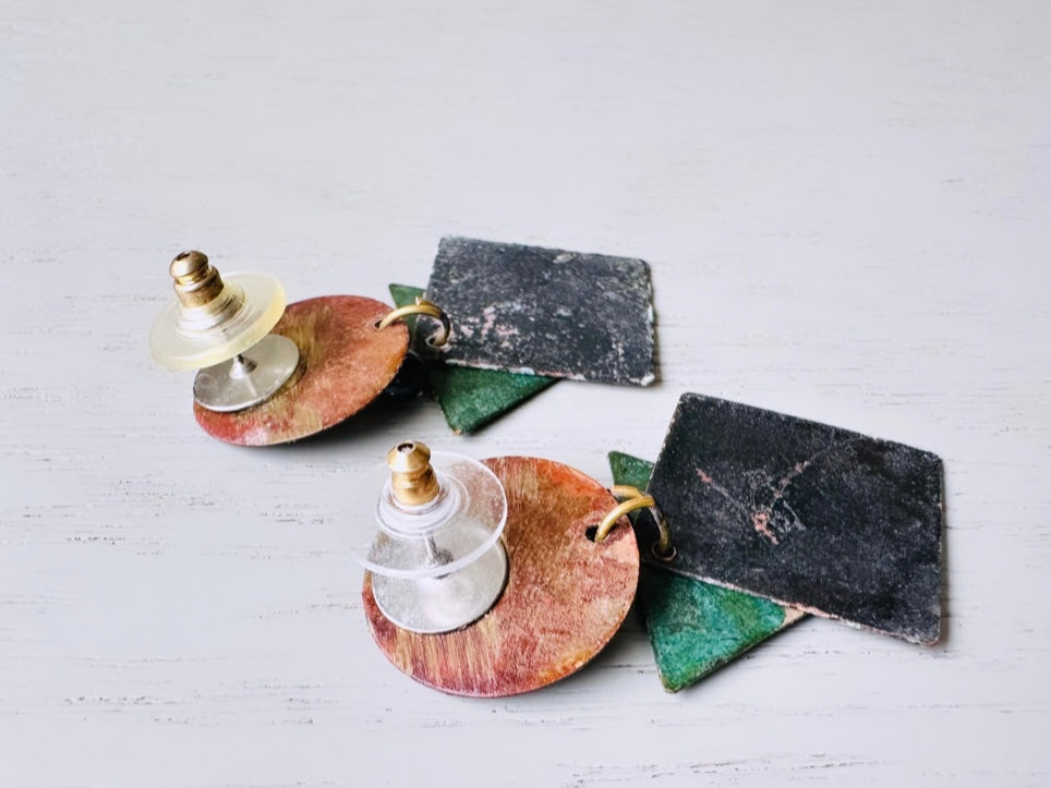 Vintage 1980s Distressed Geometric Earrings, Hammered Circle, Triangle Pierced Post Earrings, Unique Statement Earrings, Earth Tone Neutrals