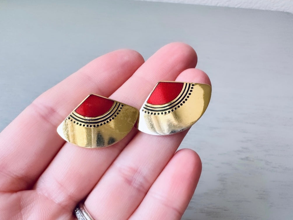 Vintage Laurel Burch Fuji Fan Earrings, Gold Fan Studs with Red & Black Enamel, Vintage 1980s Laurel Burch Fan Pierced Earrings