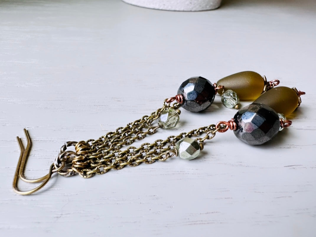 Handmade Drop Earrings with Olive Green Seaglass Teardrops, Pyrite Nuggets, Hematite & Mint Firepolished Crystals, Long Bronze Chain Dangles