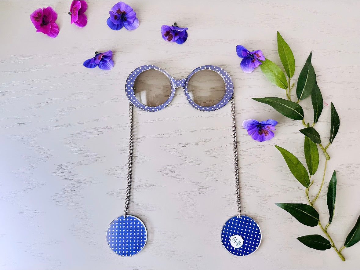 Vintage 70s Je-Dol Sunglasses, Amazing Purple Polkadot Swinging 60s Mod Chain Sunglasses, Authentic 1970's JeDol Deadstock Vintage Sunglasses available at Piggle and Pop.