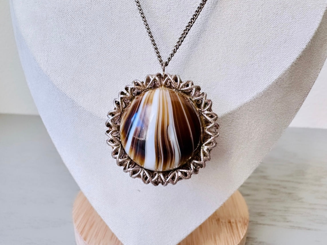 Rare Banded Agate Sphere Locket Necklace, Locket Ball Pendant Necklace, Vintage Gemstone Round Locket, Unique Vintage Ball Locket