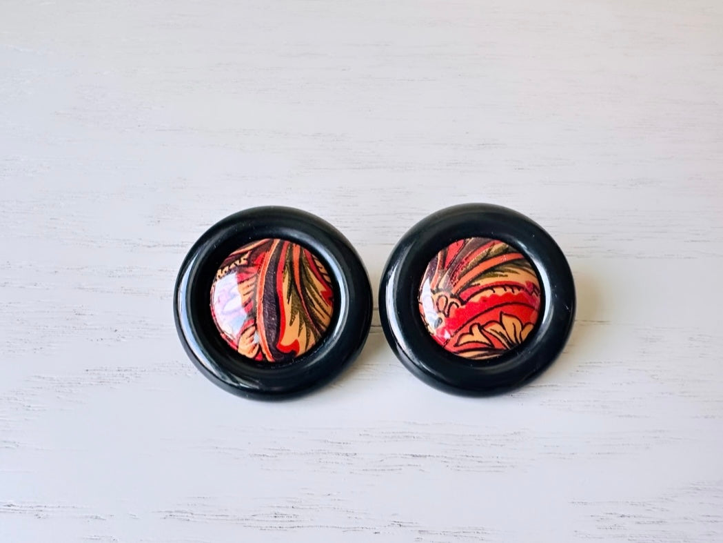 1980s Vintage Earrings, Black Border with Red Orange Interior, Oversized Acrylic Pierced Earrings, Fun 80s Pop Vintage Earrings