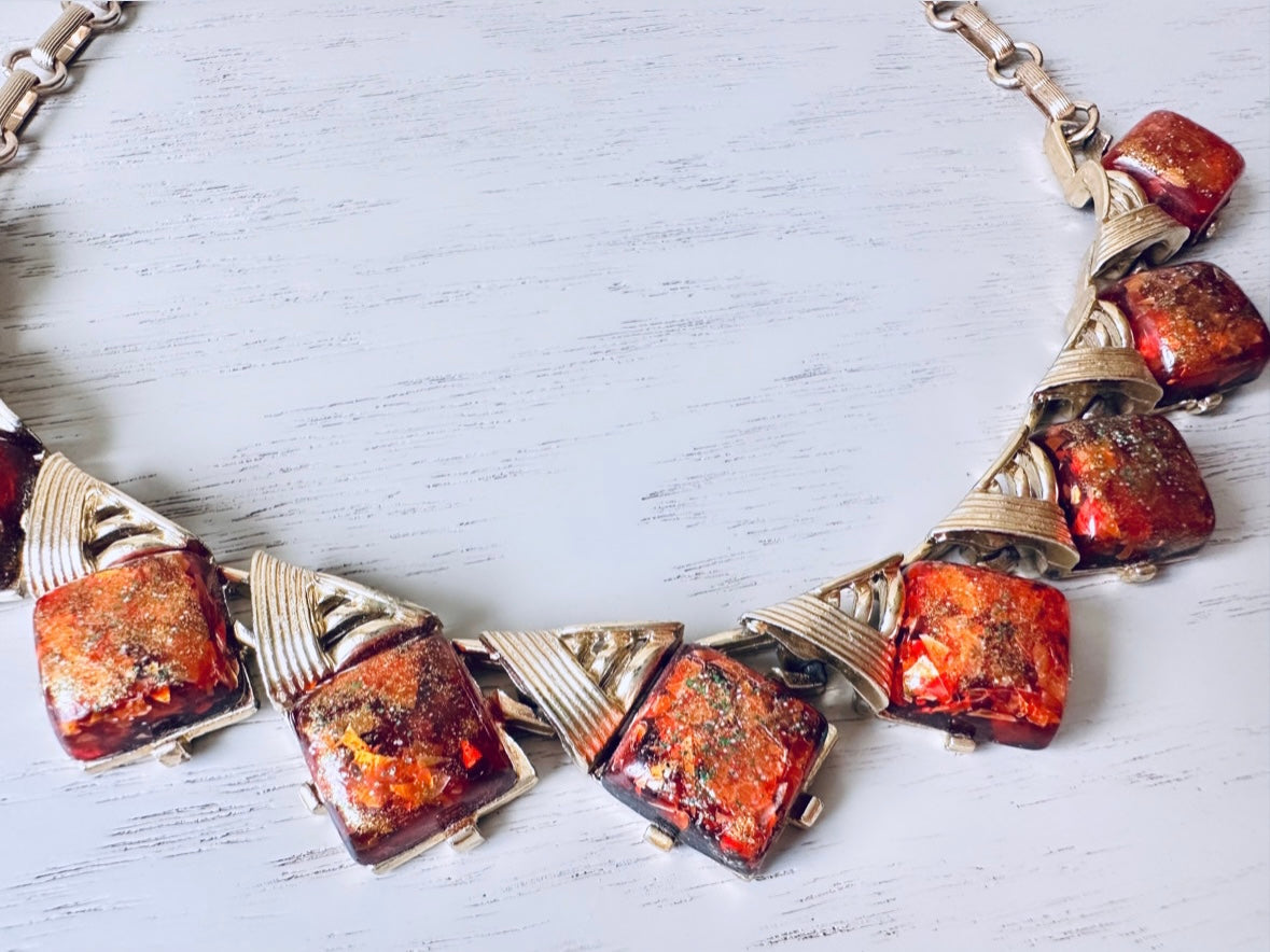Vintage Coro Confetti Lucite Necklace, Vibrant Brick Red and Gold Tone Necklace, 1960s Retro Choker Necklace, Short Moonglow Necklace