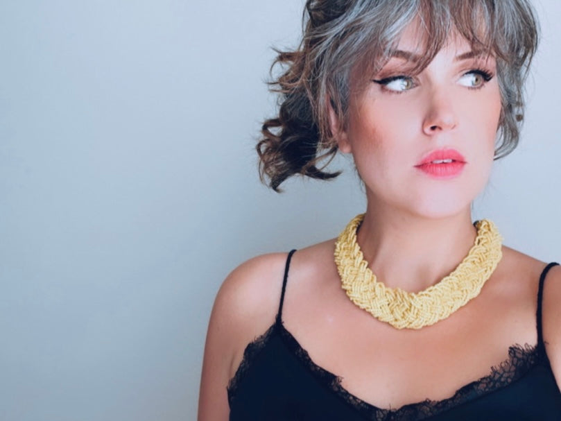 Bright Yellow Vintage Seed Bead Necklace, Yellow Statement Necklace, Braided Bead Necklace, Beaded Bib Necklace, Sunny Yellow Braid Necklace