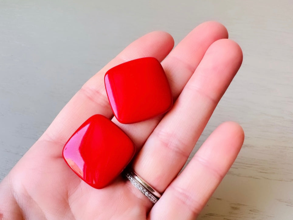 Bright Red Vintage 1980's Stud Earrings, Square Geometric Opaque Enamel Earrings, Vintage Fire Engine Red Pierced Post Earrings