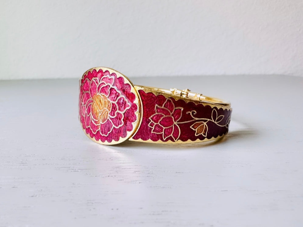 Vintage Cloisonne Bracelet, Berry Red, Magenta and Gold Clamper Bracelet, VTG Hinged Gold Bracelet, Embossed Floral Flower Design