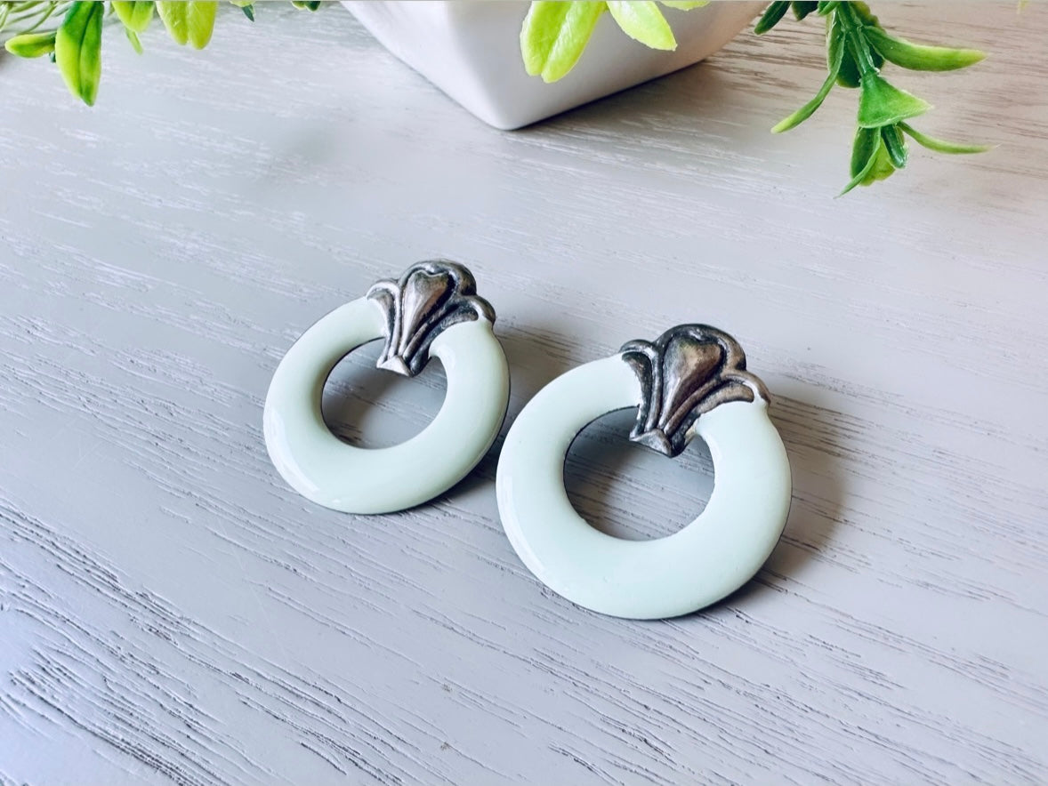 Mint and Silver Vintage 1970's Earrings, Circle Hoop Post Earrings Geometric Opaque Enamel Earrings, Interesting Cool Pierced Post Earrings