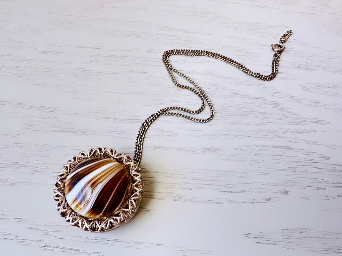 Rare Banded Agate Sphere Locket Necklace, Locket Ball Pendant Necklace, Vintage Gemstone Round Locket, Unique Vintage Ball Locket