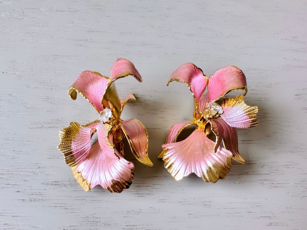 Pink Orchid Earrings, 1982 Cerritos Pearlized Pink Enamel Gold Flower Earrings, Whimsical Feminine Floral Earrings, Faerie Fantasy Clip Ons