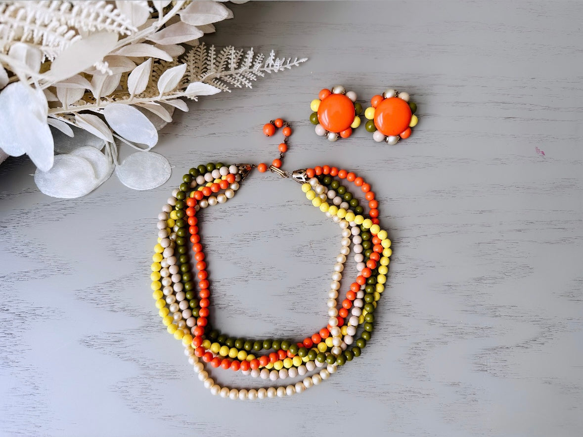 1970s Vintage Necklace & Earring Set, Sunny Yellow, Orange, Avocado Green Retro 70s Five Strand Beaded Necklace with Matching Big Earrings, Authentic Vintage at Piggle and Pop