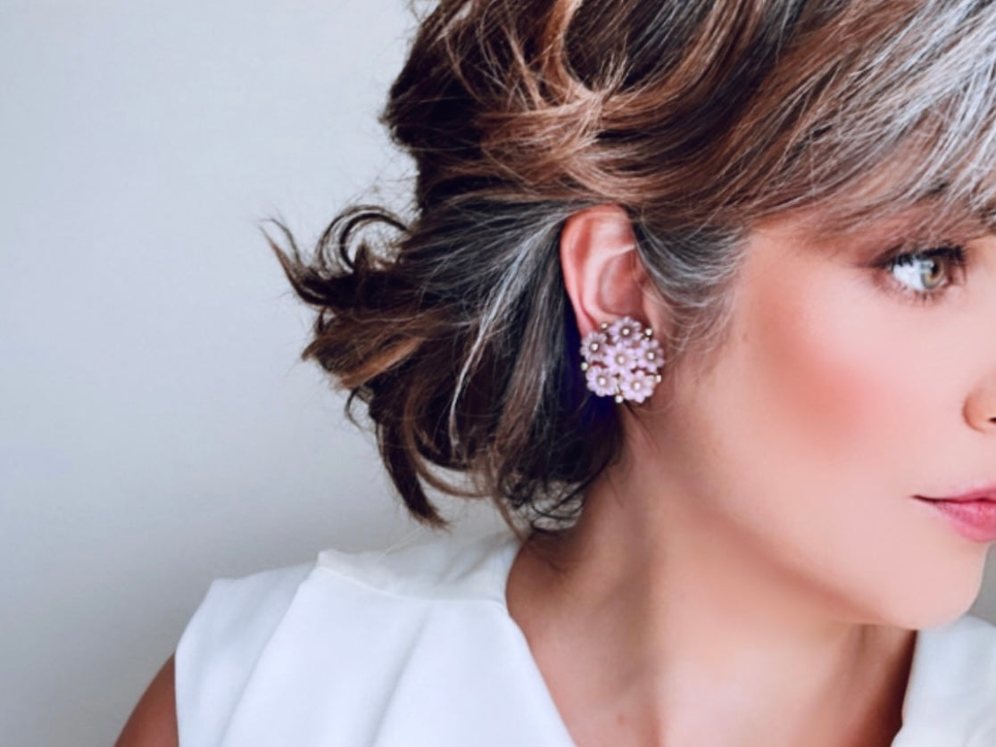 Vintage Flower Earrings, Lilac Purple and Gold Floral Earrings, Cute 1950s Flower Clusters, Clip On Cottage Chic Earrings