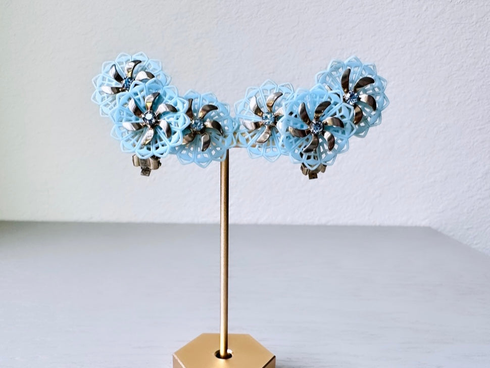 Vintage Blue Celluloid Climber Earrings, Light Blue Plastic Flower Earring with Rhinestone Accents, Dramatic Floral Vintage Clip On Earrings