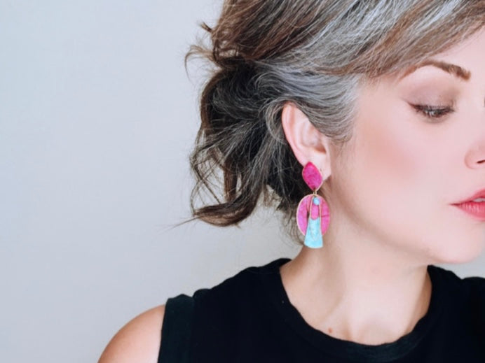 Magenta and Blue Vintage 1980s Distressed Geometric Earrings, Pierced Post Earrings, Unique Statement Earrings, Hot Pink Sky Blue
